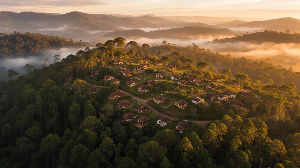 Vista aérea de Monte Verde ao entardecer
